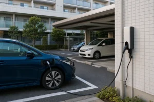 マンションの駐車場で充電中の電気自動車