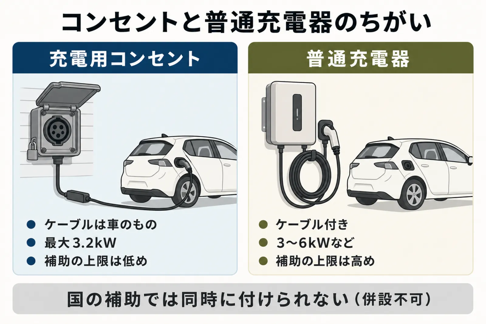 コンセントと普通充電器のちがい。充電用コンセント：ケーブルは車のもの、最大3.2kW、補助の上限は低め。普通充電器：ケーブル付き、3〜6kWなど、補助の上限は高め。国の補助では同時に付けられない（併設不可）